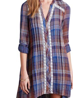 Anthropologie Holding Horses Abita Blue Plaid Roll Sleeves Button Front Dress
